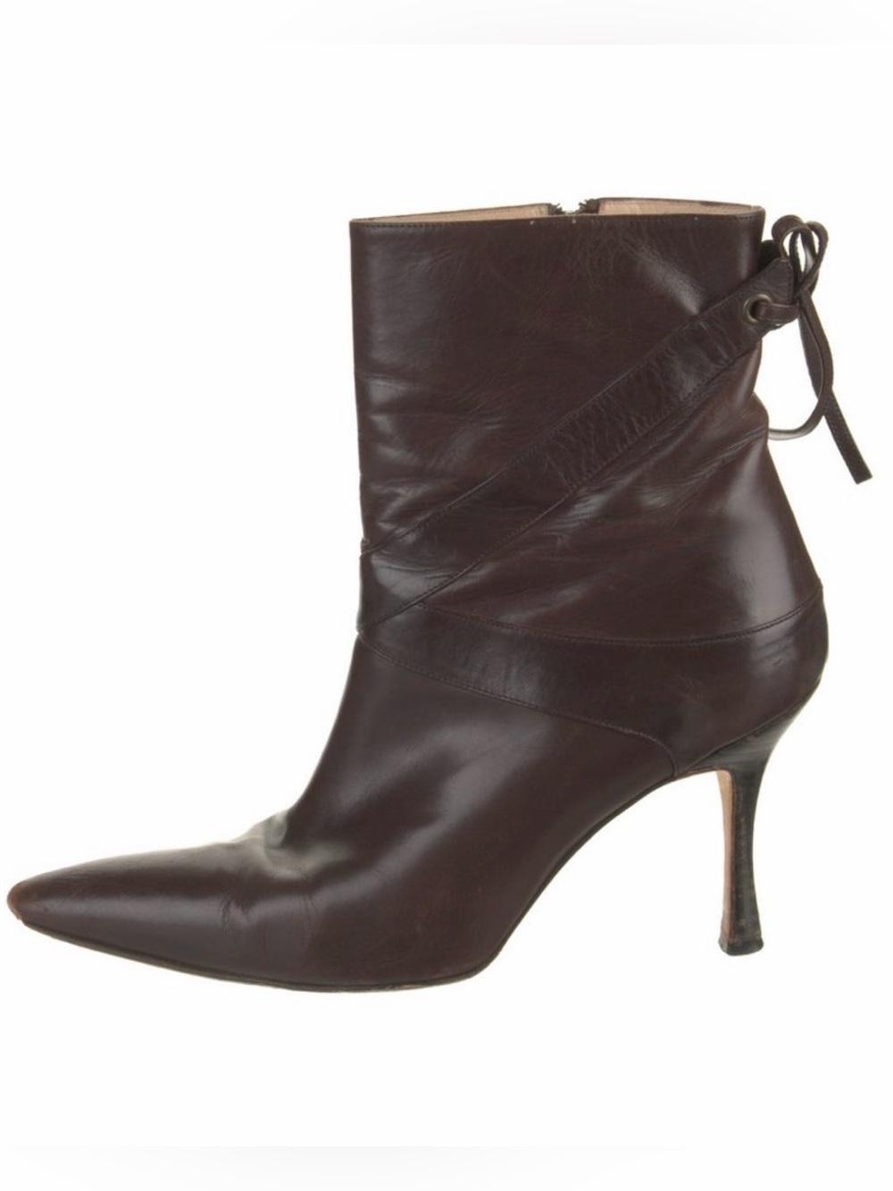 Manolo Blahnick Women's Dark Brown Leather Pointed Toe Ankle Boots